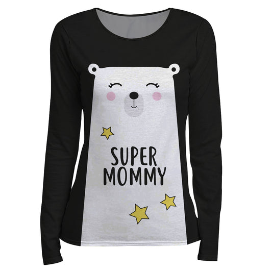 Bear Super Mommy Black Long Sleeve Tee Shirt