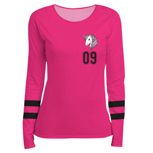 Unicorn Personalized Number Hot Pink and Black Long Sleeve Tee Shirt