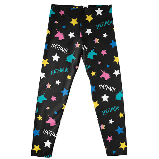 Unicorn Stars and Personalized Name Print Black Leggings