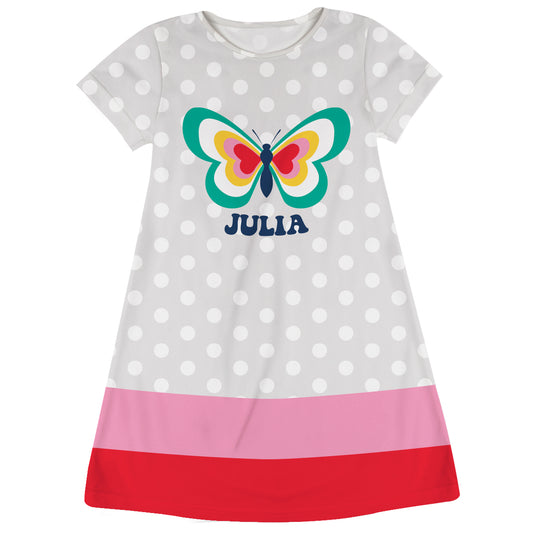 Butterfly Personalized Name Gray and White Polka Dots Short Sleeve A Line Dress