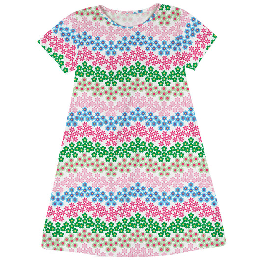 Flowers Print White and Pink Short Sleeve A Line Dress