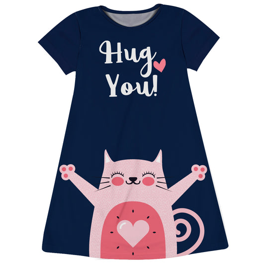 Hug You Cat Navy Short Sleeve A Line Dress