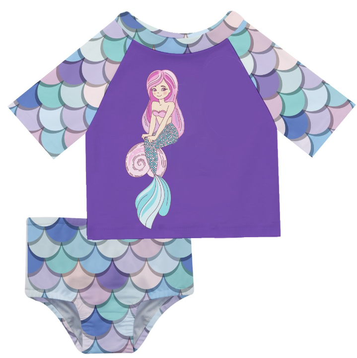 Mermaid Initial and Name Purple 2pc Short Sleeve Rash Guard - Wimziy&Co.