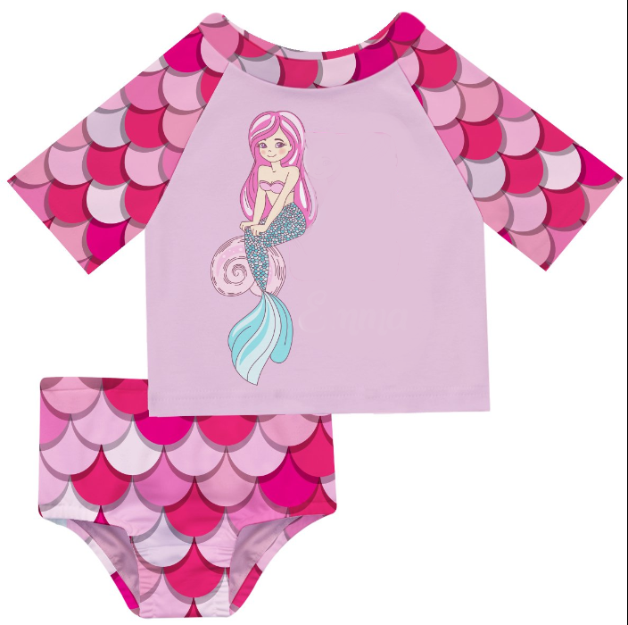 Mermaid Initial and Name Pink 2pc Short Sleeve Rash Guard - Wimziy&Co.
