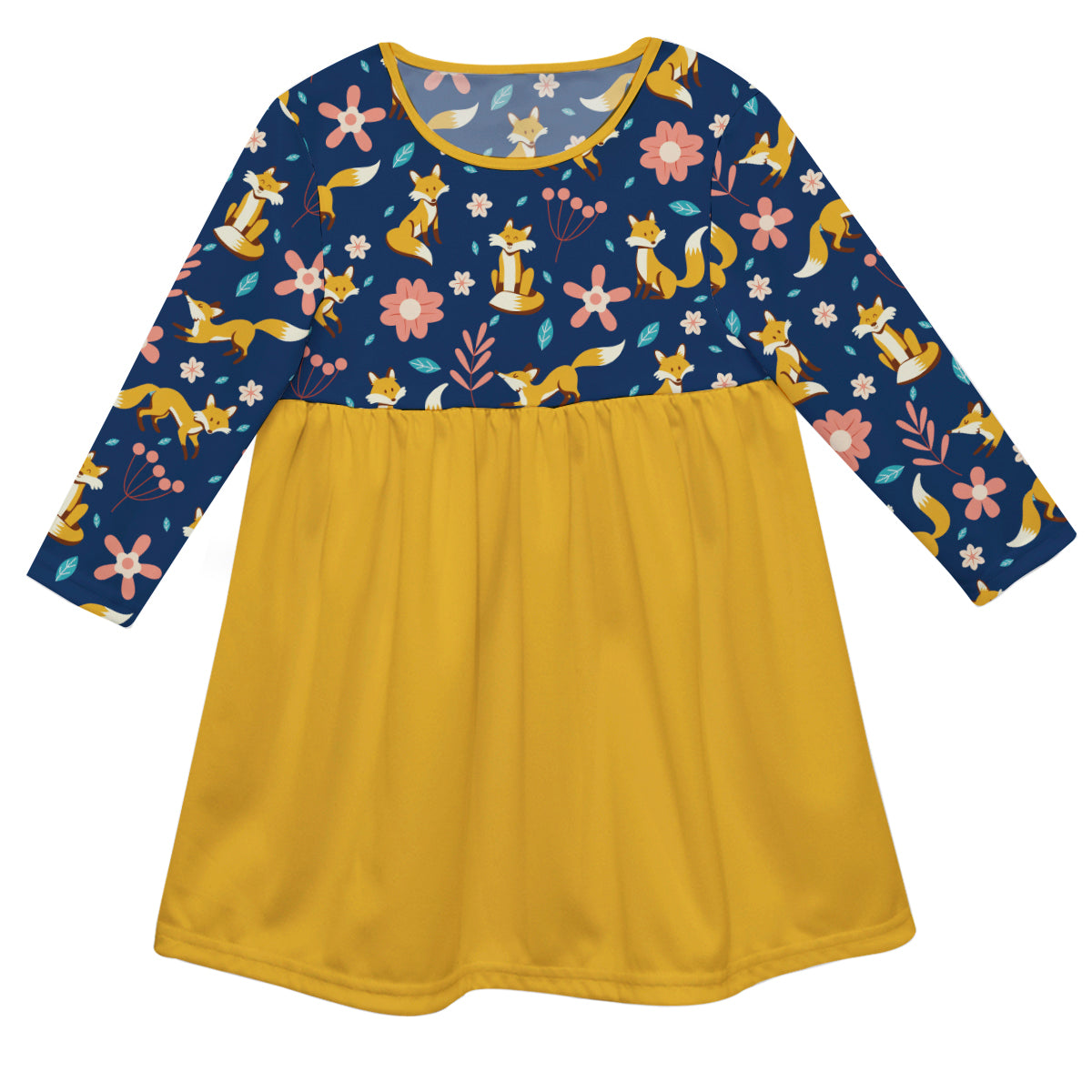 Fox Floral Navy and Yellow Long Sleeve Epic Dress