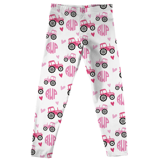 Tractor and Personalized Monogram Print White Leggings