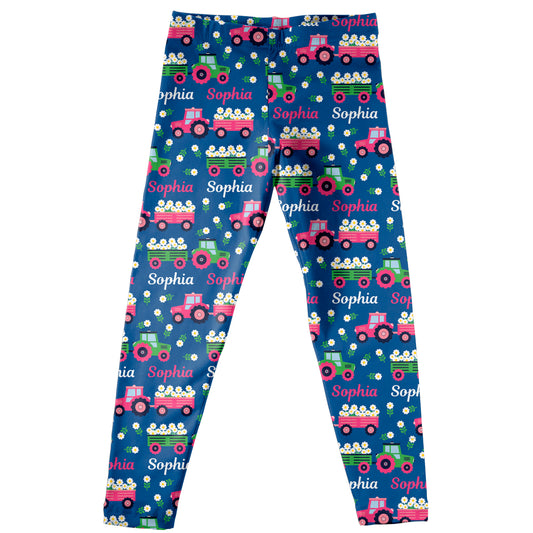 Tractor and Personalized Name Print Blue Leggings