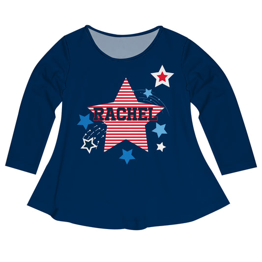 Americana Stars Print Personalized Name Navy Long Sleeve Laurie Top