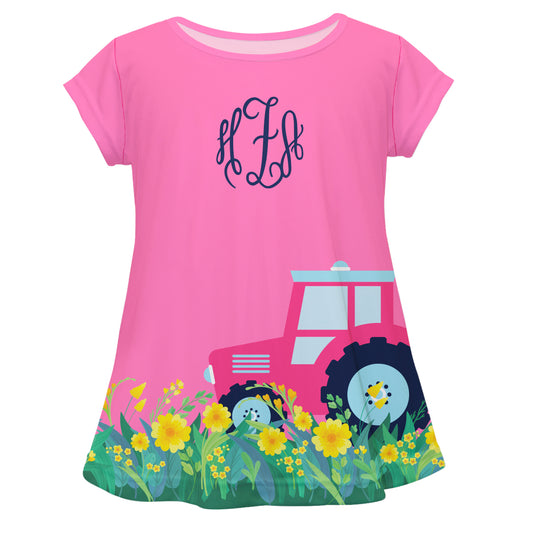 Farm Tractor and Flowers Personalized Monogram Pink Short Sleeve Laurie Top