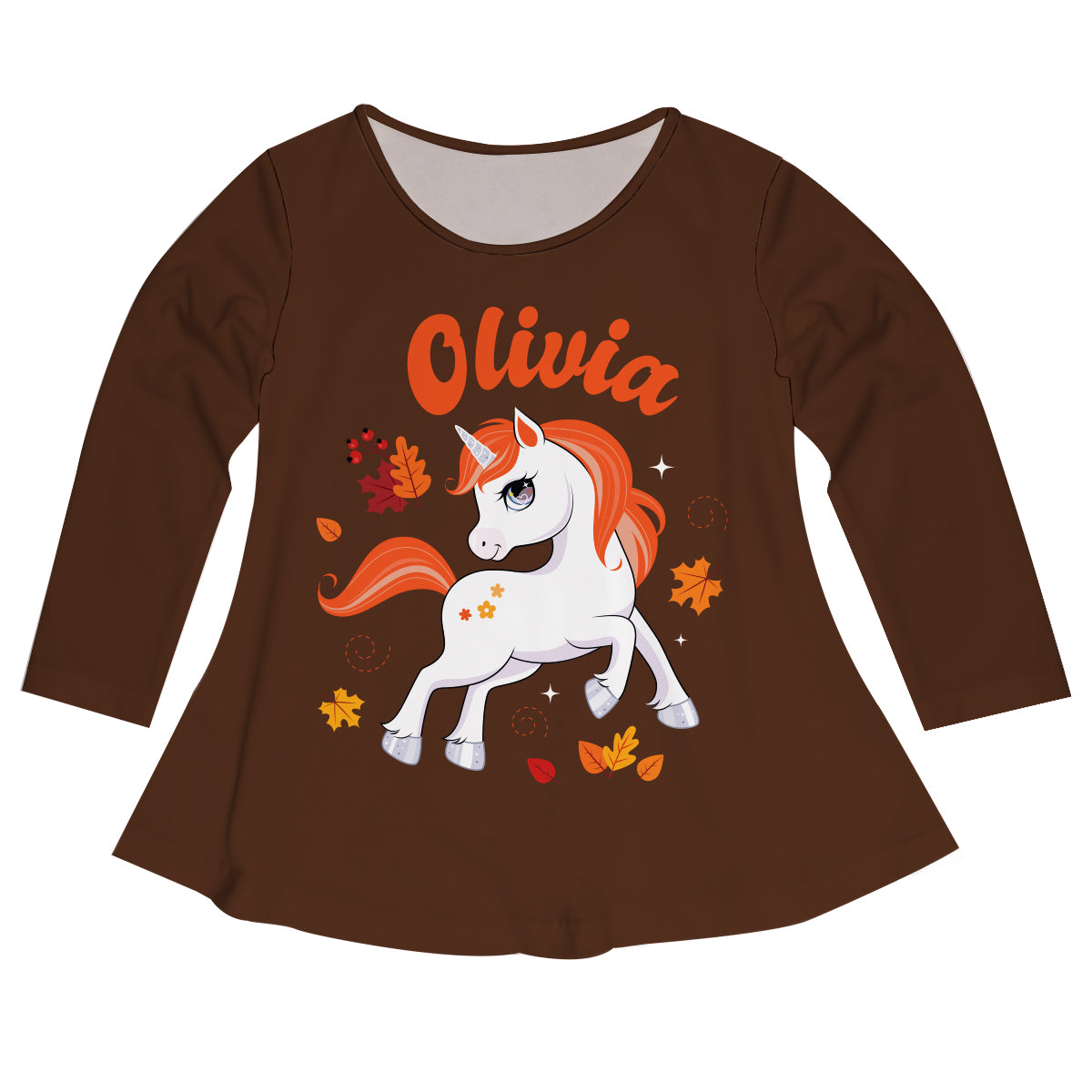 Unicorn Personalized Name Brown Long Sleeve Laurie Top