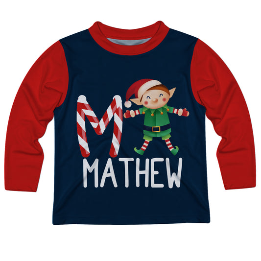 Elf Personalized Initial and Name Navy Red Long Sleeve Tee Shirt