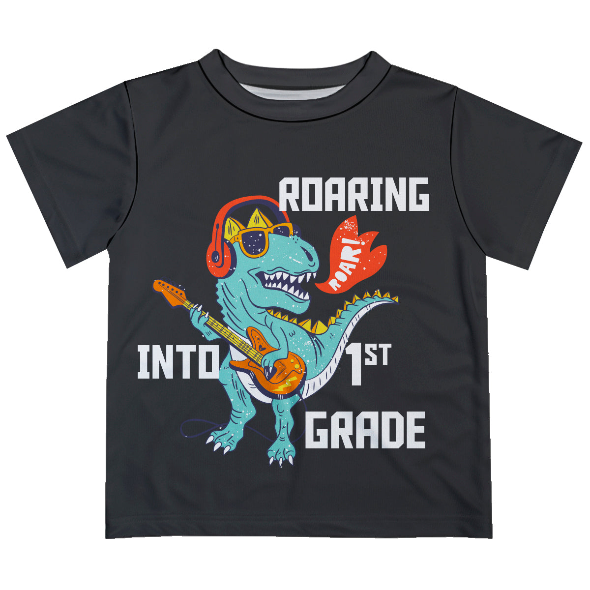 Dino Roaring Into Personalized Your Grade Gray Short Sleeve Tee Shirt