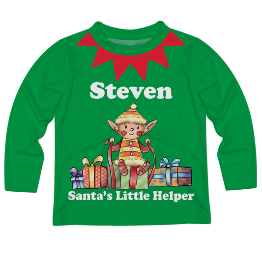 Santas Little Helper Personalized Name Green Long Sleeve Tee Shirt