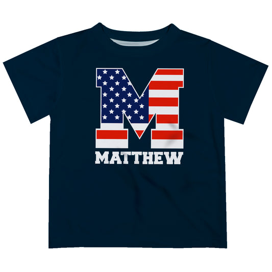 USA Flag Personalized Initial and Name Navy Short Sleeve Tee Shirt