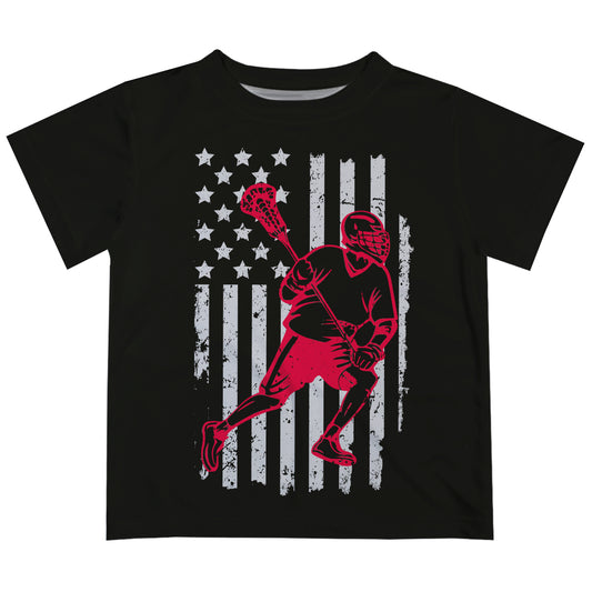Lacrosse Player USA Flag Black Short Sleeve Tee Shirt - Wimziy&Co.