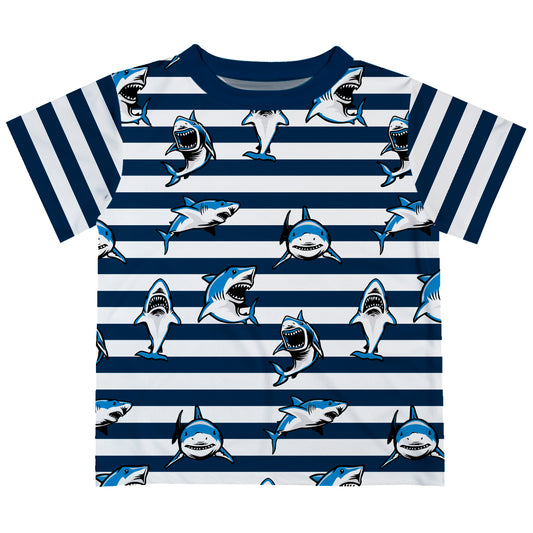 Sharks Print White and Navy Stripes Short Sleeve Tee Shirt