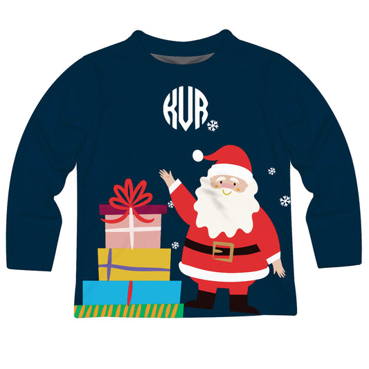 Santa And Presents Monogram Navy Long Sleeve Tee Shirt