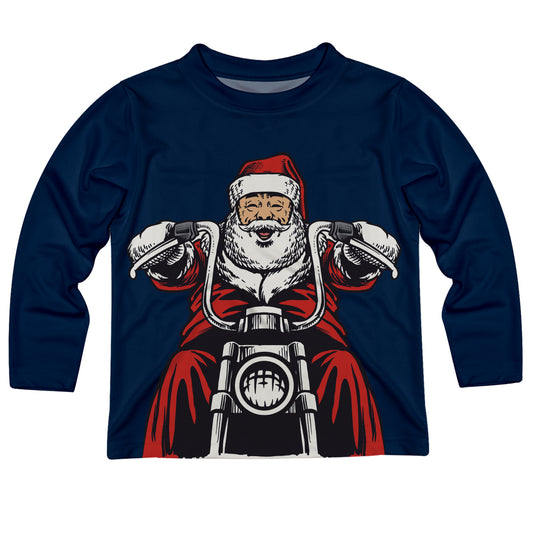 Santa On Motorcycle Navy Long Sleeve Tee Shirt