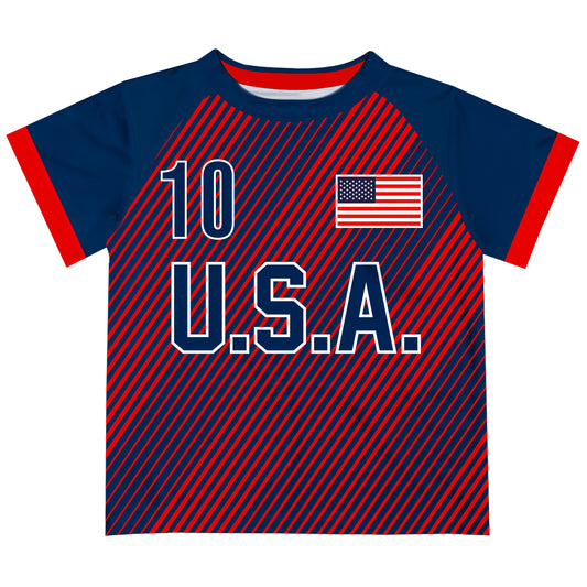 USA Soccer Personalized Name and Number Navy and Red Stripes Short Sleeve Tee Shirt - Wimziy&Co.