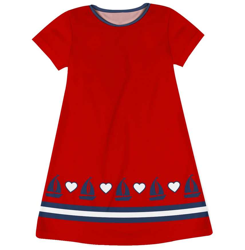 Boats Monogram Red Short Sleeve A Line Dress - Wimziy&Co.