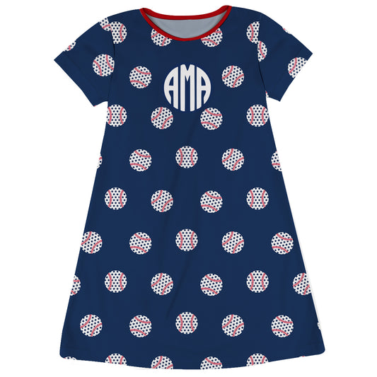 Baseball Ball Print Personalized Monogram Blue A Line Dress