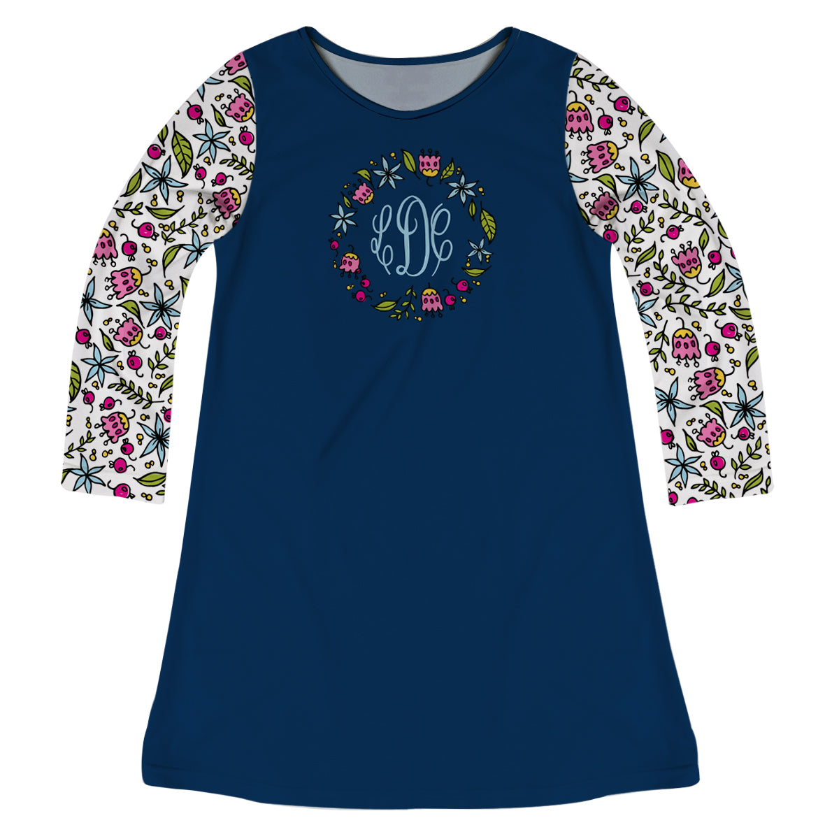 Flowers Monogram Navy And White Long Sleeve A Line Dress