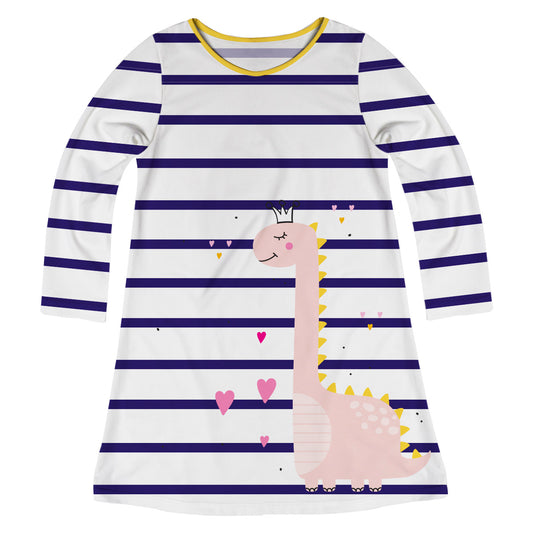 Dinosaur Hearts White and Purple Stripes Long sleeve A line Dress