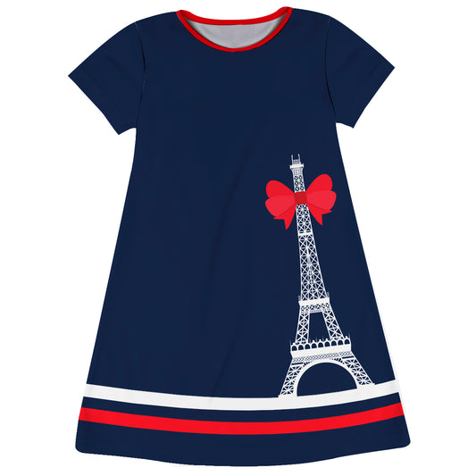 Eiffel Tower Navy Short Sleeve A Line Dress