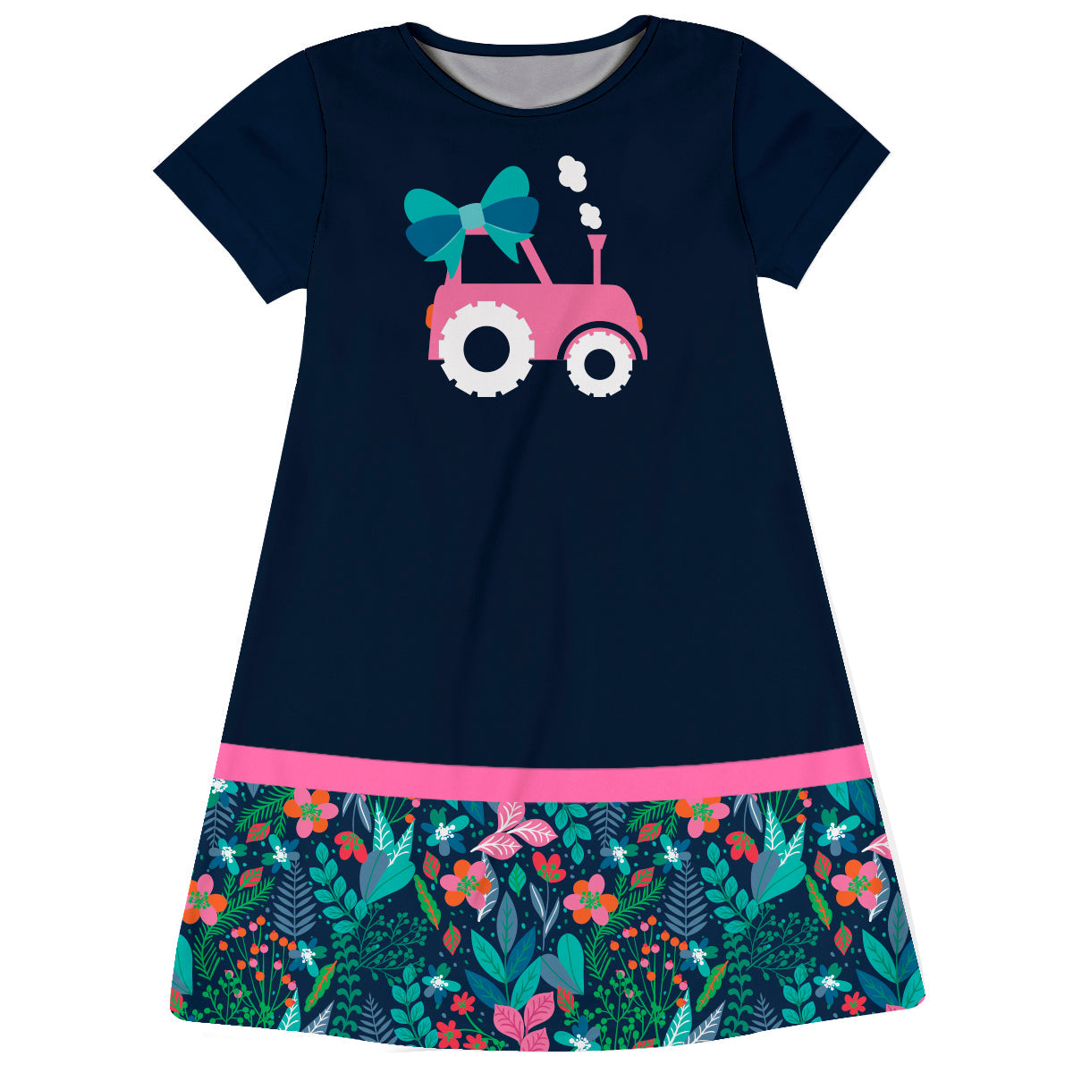 Floral and Bow Tractor Navy Short Sleeve A Line Dress