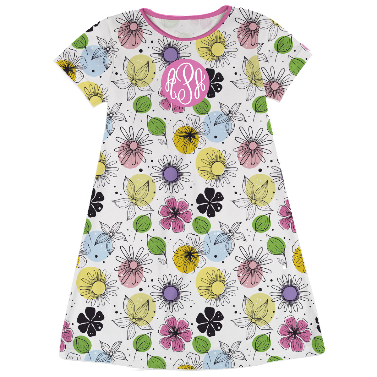 Floral Print Personalized Monogram White Short Sleeve A Line Dress