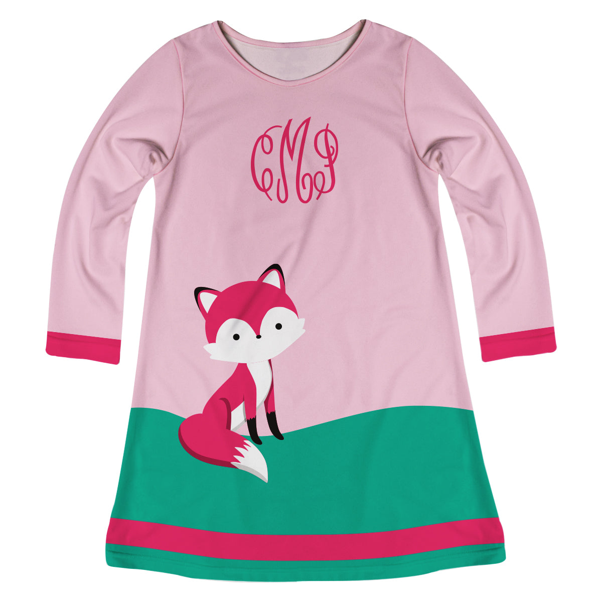 Cute Fox Personalized Monogram Light Pink Long Sleeve A Line Dress