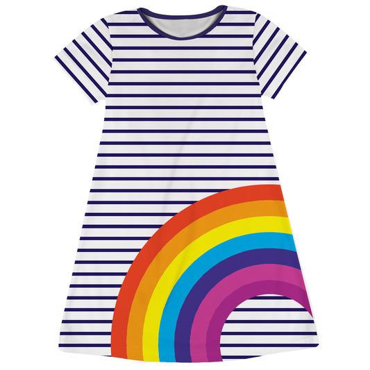 Rainbow White and Navy Stripes Short Sleeve A Line Dress