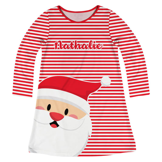Santas Face Personalized Name Red and White Stripe Long Sleeve A Line Dress
