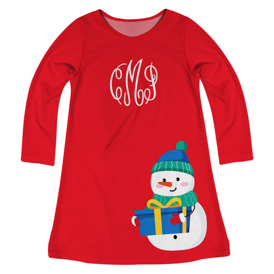 Snowman Personalized Monogram Red Long Sleeve A Line Dress