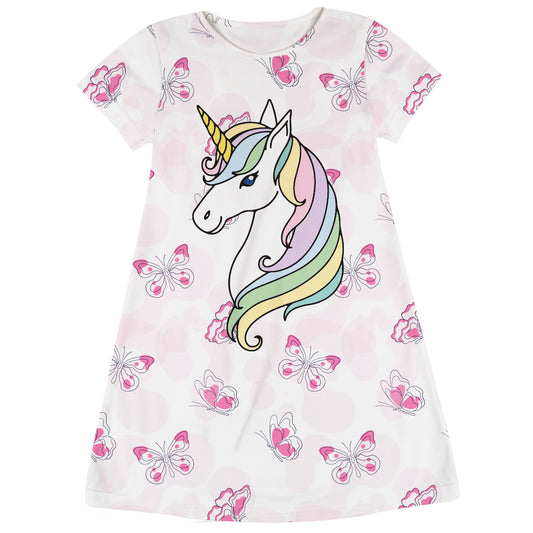 Unicorn and Butterflies Print Pink Short Sleeve A Line Dress