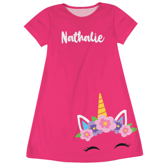 Unicorn Personalized Name Hot Pink Short Sleeve A Line Dress