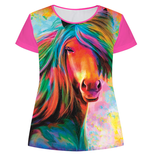 Rainbow Horse Pink Short Sleeve Tee Shirt