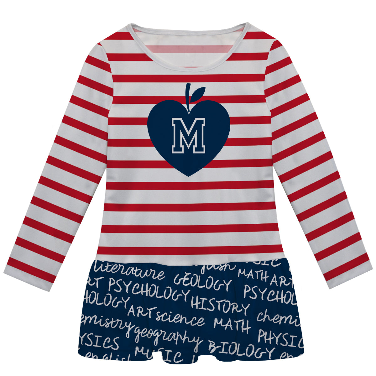 Apple Initial Name Navy White and Red Stripes Long Sleeve Lily Dress