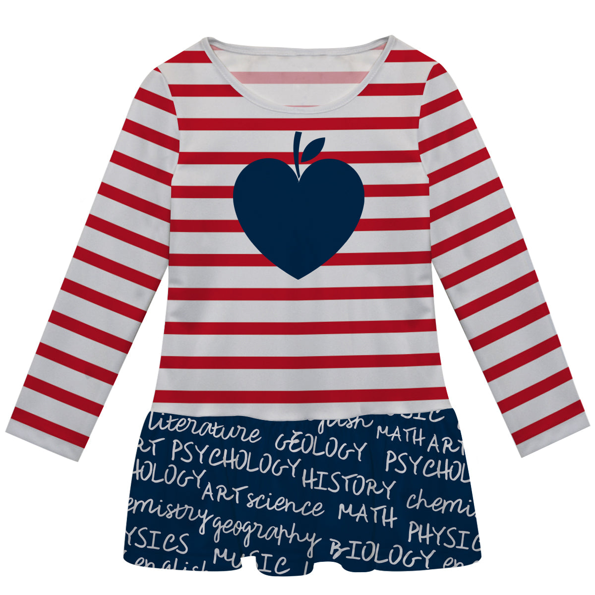 Apple Initial Name Navy White and Red Stripes Long Sleeve Lily Dress - Wimziy&Co.