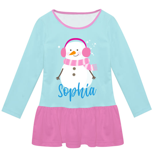 Snowgirl Personalized Name Light Blue and Pink Long Sleeve Lily Dress