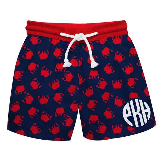 Crabs Print Personalized Monogram Navy and Red Swimtrunk