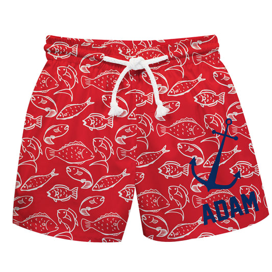Fishes Print Personalized Name Red Swimtrunk
