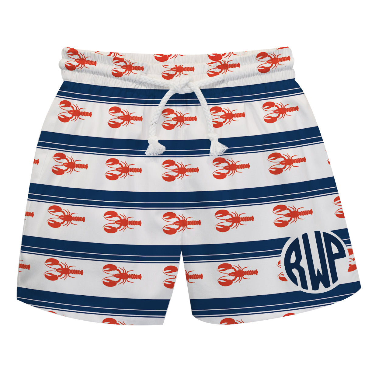 Lobster Print Monogram White and Navy Stripes Swimtrunk - Wimziy&Co.