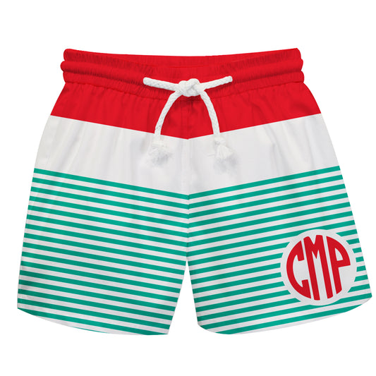 Personalized Monogram Red White and Mint Stripes Swimtrunk