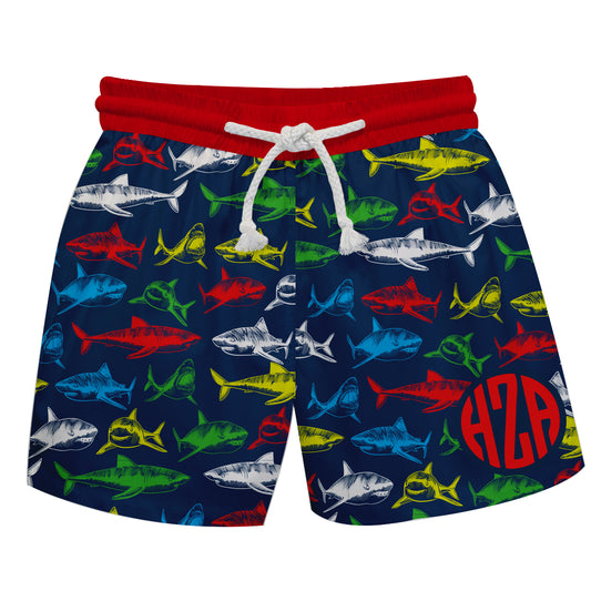 Sharks Print Monogram Navy and Red Swimtrunk - Wimziy&Co.