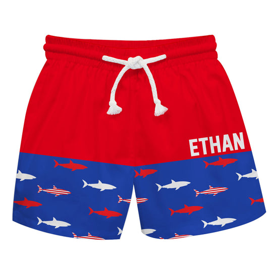 Shark Personalized Name Blue and Red Swimtrunk