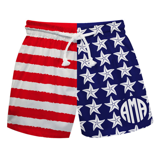 USA Flag Personalized Monogram White Red and Blue Swimtrunk