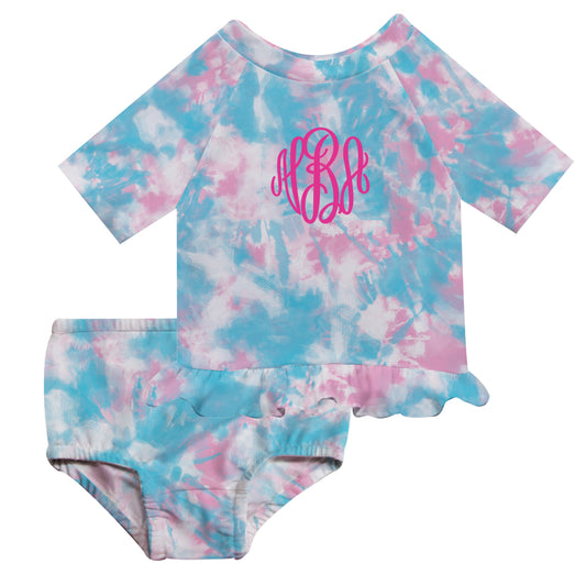 Personalized Monogram White and Pink Tie Dye 2pc Short Sleeve Rash Guard