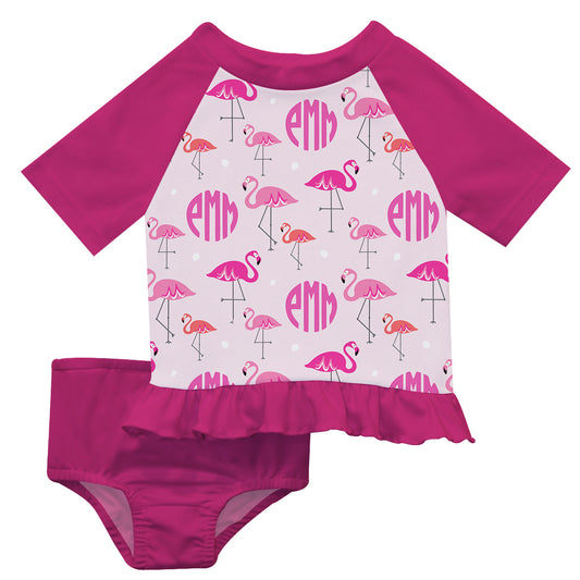 Flamingo Ht Pink Girls 2pc Rash Guard Short Sleeve
