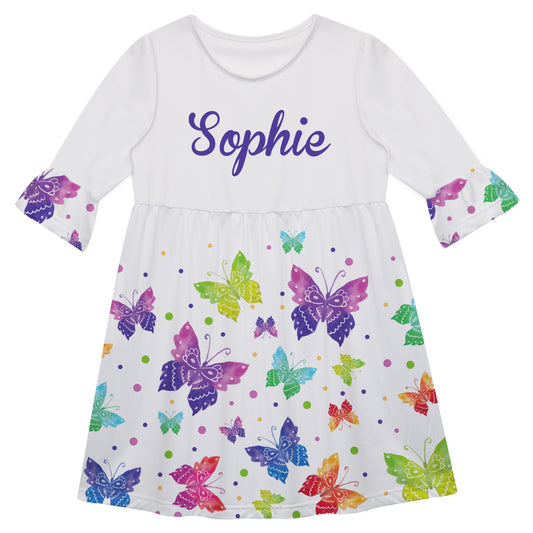 Butterflies Personalized Name White and Purple Watercolor Amy Dress 3/4 Sleeve